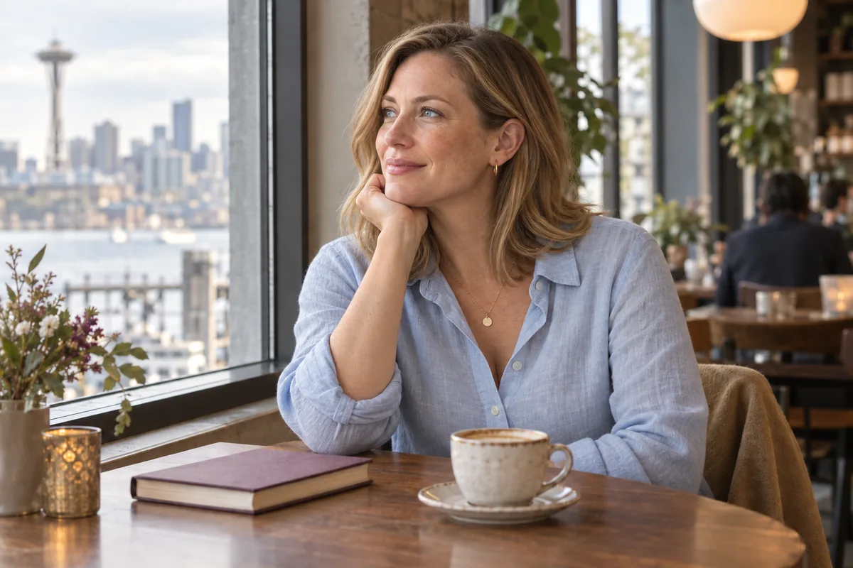 Illustration of a woman in her thirties seated by a Seattle cafe window
