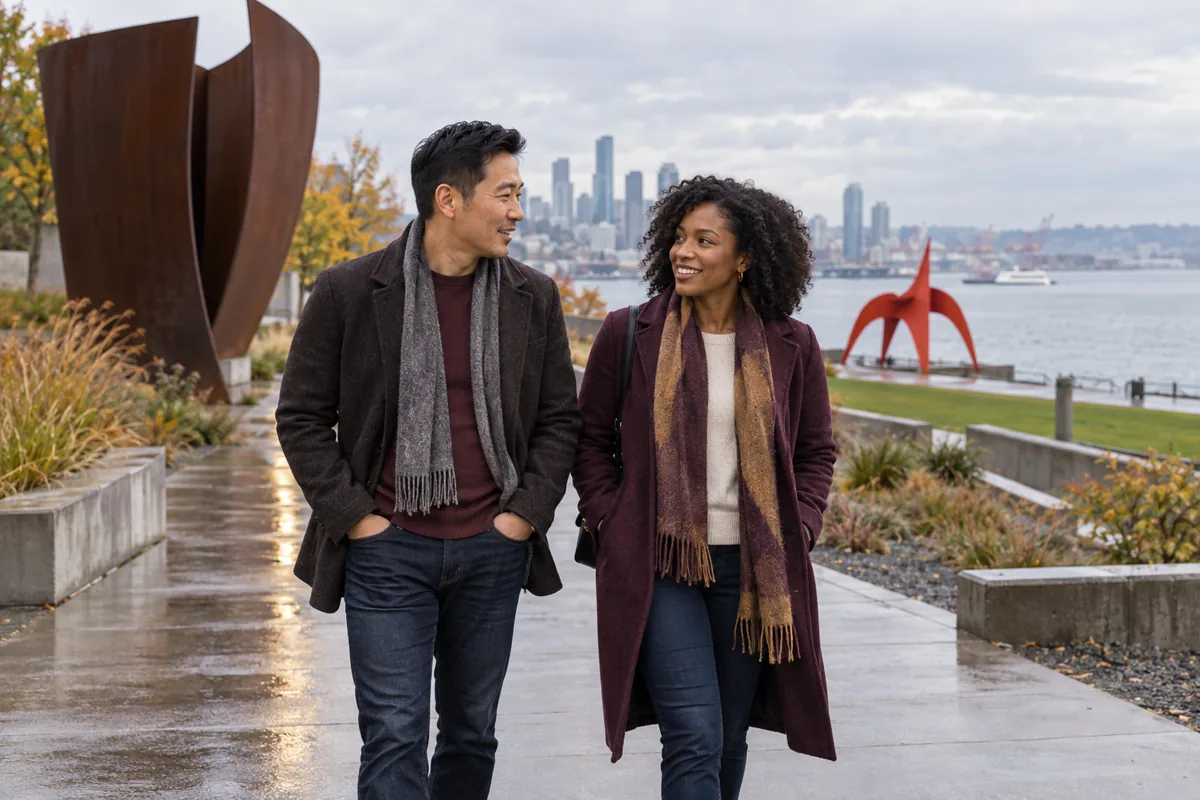 An adult couple walking through Olympic Sculpture Park on a first date in Seattle