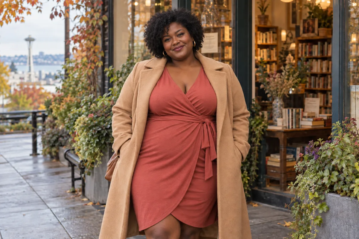Illustration of a plus-size woman outside a Seattle bookshop