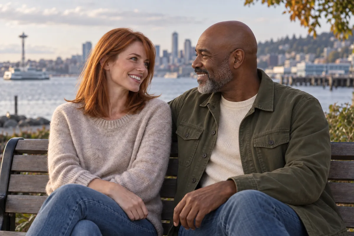 Illustration of an adult couple enjoying a conversation by the Seattle waterfront