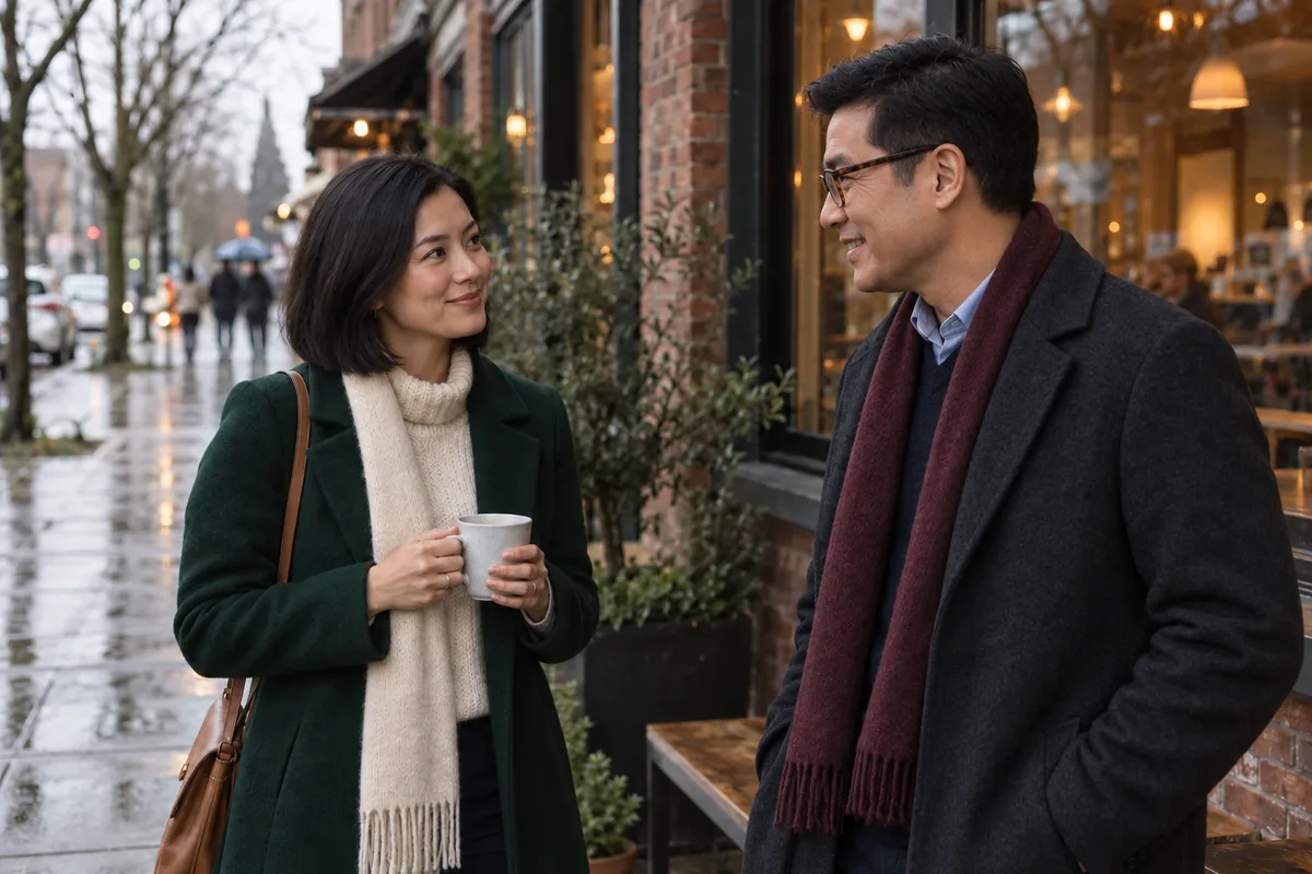 Illustration of an adult couple talking outside a Seattle cafe after rain