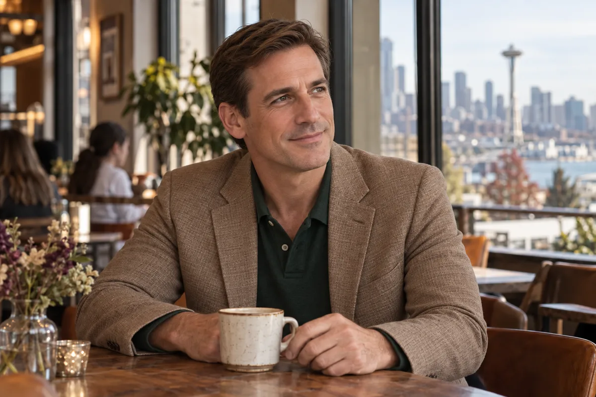 Illustration of a mature man relaxing at a Seattle cafe
