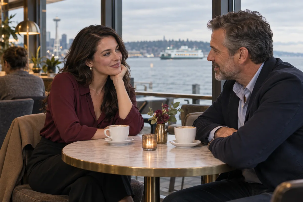Illustration of a couple talking over coffee at a Seattle waterfront café